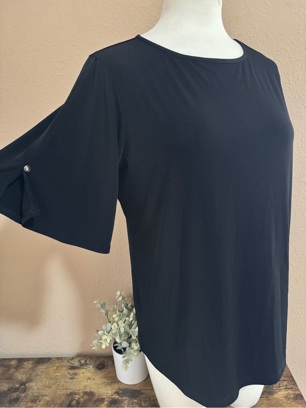 Susan Graver Cold Shoulder Black Elbow-Sleeve Crewneck Top
